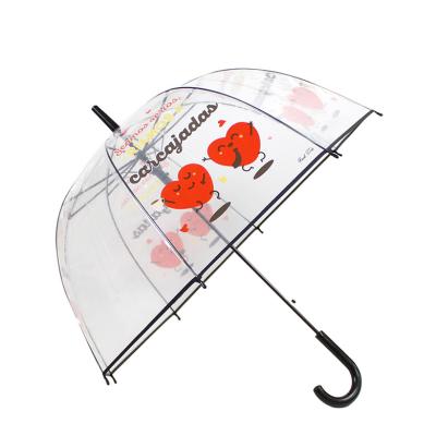 China Custom Red Heart Printing Logo Dome Hanging Clear Transparent Apollo Umbrella With Black Edge for sale