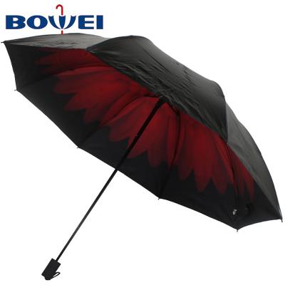 China Umbrella 3 Fold Sunshade Travel Proof Umbrella Pongee Cloth Pongee Cloth Compact Lightweight Rainproof UV Floral Umbrella 3 Folds Print for sale