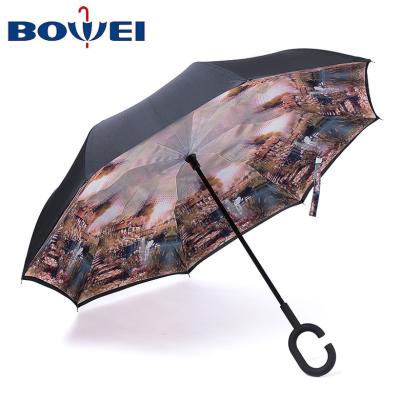 China High Quality Manual Inverted Double Layer Umbrella Logo Customize Double Layer Self Stand Hand Free Inverted Umbrella With C Handle for sale