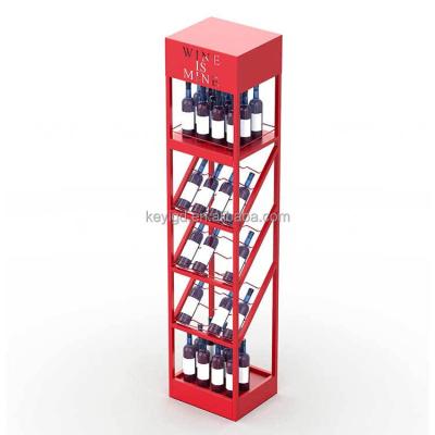 China Supermarket POP Modern Floor Standing Metal Wine Bottle Rack Red Wine Display Rack for sale