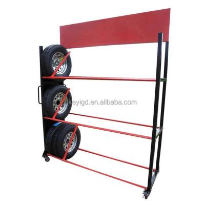 China Adjustable Supermarket Metal Tire Rack Floor 3 Tier Tire Trolley Rack Car Wheel Display Rack for sale