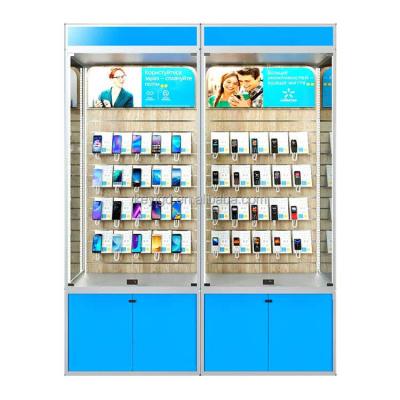 China Custom Shopping Mall Smartphone Store Furniture Decorate Wooden Slatwall Mobile Phone Cabinet Mobile Phone Accessory Display for sale