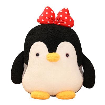 China Custom Plush Drop Shipping Wholesale Stuffed Kid Toy Pillow Cushion Bowknot Hat Penguin Plush Doll Toy for sale