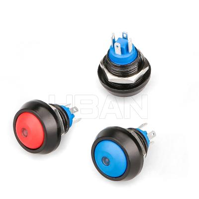 China Main point 12mm arched aluminum illuminated blue yellow green light waterproof METAL lamp button switch 12vdc for sale