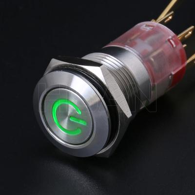 China Flat Round Head 1no1nc Metal 16mm Control 5a Small Circuit Waterproof Switch 12v Power Symbol Illuminated Push Button for sale