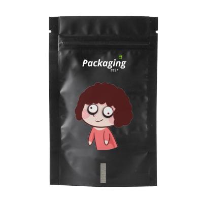 China Recyclable 3.5g 7g mylar bag 28g mylar zipper bag custom matte black printing soft mylar bag for sale