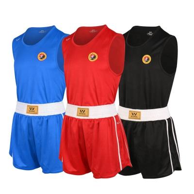 China Custom Polyester/Cotton Wesing IWUF Approved Sanda Wushu Uniform Sports Black Kids Training Wushu Sanda Uniform for sale