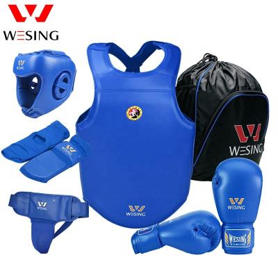 China Wushu Sanda WESING PU Training Boxing Gear Leather Six Pieces Set Martial Arts Sanda Wushu Equipment Gear Set for sale