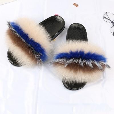 China Color Matching Women's Fur Slippers Fur Slides Slippers 2020 News Fox Fur Fox Slide Sandal Female Outer Wear Women's Fur Slippers for sale