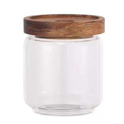 China Kitchen Heatable Wholesale Storage Factory Price Glass Jar With Lid Borosilicate Glass Bamboo Food Spice Jar for sale