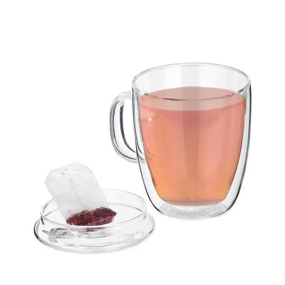 China Sustainable High Quality Unbreakable Double Wall Borosilicate Glass Transparent Tea Cup With Handle Lid Colored Glass Mugs for sale