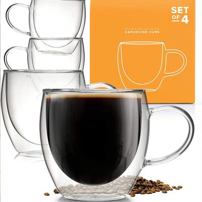 China Wholesale Viable Double Wall Clear Wall Mounted Iced Coffee Mugs Tumbler Espresso Cup Coffee Tea Handle Borosilicate Glass Mug for sale