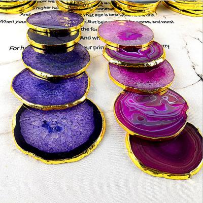 China China Wholesale Purple Black Blue Red Green Gold Plated Polished Coaster Stone Agate Slices for sale