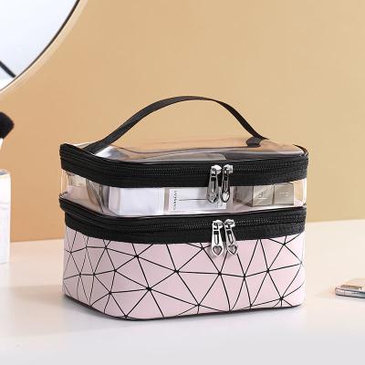 China New Double-Layer Box Bag Plaid Professional Cosmetic Portable Makeup Ladies Fashion Custom Storage Multi-Function Toiletries Bag for sale