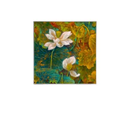 China Modern hand-painted oil painting lotus living room decoration painting in the hallway hanging flowers green modern wall paintings for sale