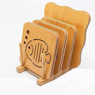 China Sustainable Sustainable Eco-Friendly Cartoon Animal Set Round Bamboo Wooden Cup Coasters With Stand for sale