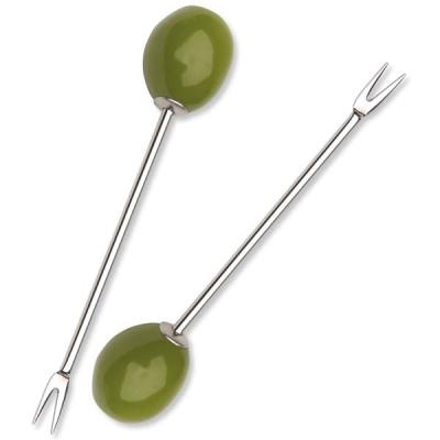 China Standard Sustainable Olive Shape Bar Tools Stainless Steel Fruit Needle High Quality Cocktail Fruit Picks for sale