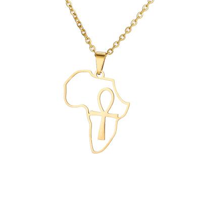 China RFJEWEL TRENDY Simple Gold Map of Africa with Cross African Map Necklace Stainless Steel Long Chain Necklace for Women for sale