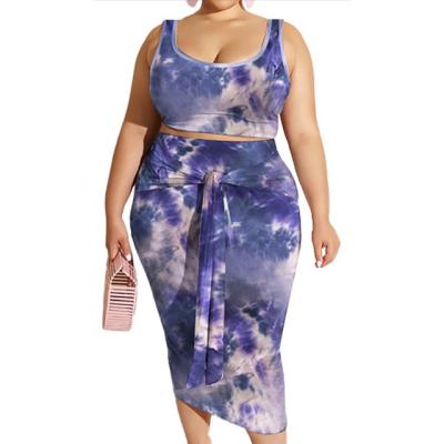 China Anti-pilling Tie Dye Rainbow Colors Dress 6XL 7XL 8XL Customized Women's Plus Size Two Piece Skirt Suit for sale