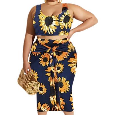 China Anti-pilling Strap Sashes Floral Print Pleated Casual Dress Plus Size Women's Long Sleeveless Dresses Two Piece Skirt Suit for sale