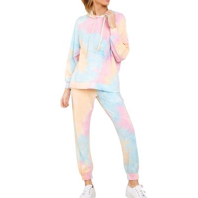 China Breathable Women Tie Dye Sweatsuit Drawstring Drop Shoulder Sweater Fits Tie Dye Jogging Suit for sale