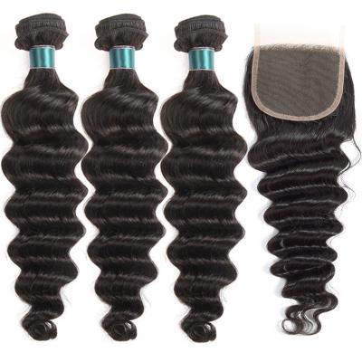 China 100% Hair Bundles 100% Hair Bundles With Closure Wholesale Price Remy Hair Loose Deep Wave Bundles Weft Weave 4*4 Lace Up Closure 13*4 5*5 360 for sale