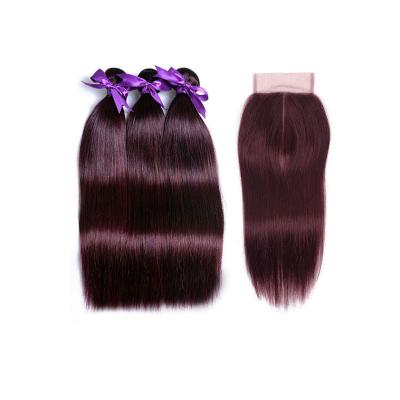 China 100% Natural Remy Human Hair Bundles With Straight Wave Closure, #99J Dark Wine Red Brazilian Colored Hair Extension for sale