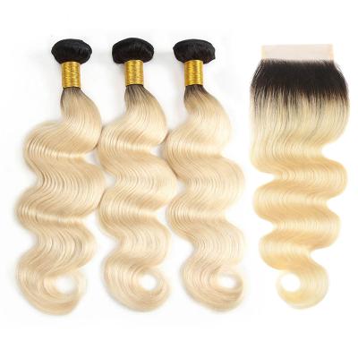 China Natural Popular Double Wave Body Wave T 1B #613 Blonde Hair Weft Weft Extension,Brazilian Ombre Hair Bundles With Closure for sale