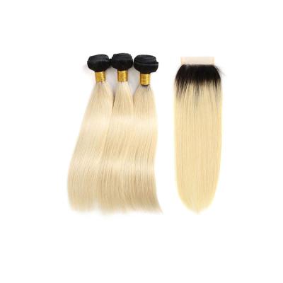 China Natural Blonde Tone Colors 1B/613 Wave Two Ombre Bundles With Closure Straight Brazilian Virgin Hair Weaves Extension for sale