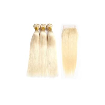 China Fast Shipping High Quality Silky Straight Wave Brazilian Remy Hair 613 Blonde Bundles And Free Part 4*4 Lace Closure Hair Extensions Packaging for sale