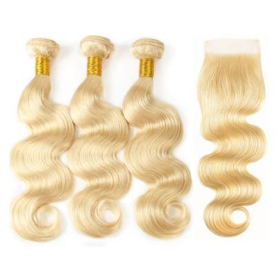 China Silky Straight Body Wave 613 Virgin Hair Extension Blonde Brazilian Hair Bundles With Lace Closure for sale