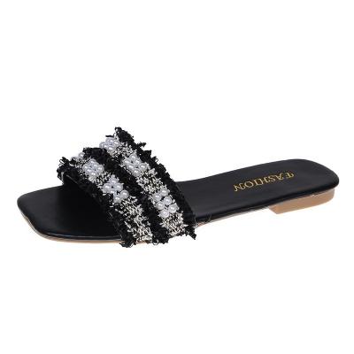 China Fashion Trend Square-toed slippers 2021 summer new style fairy fashion beaded slippers one word outer wear flat sandals for sale