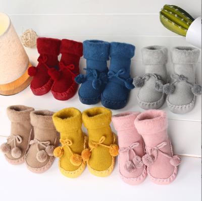 China 2021 Stock 6 Colors Tassel Autumn Winter Baby Breathable Thick Non-slip Floor Infant Indoor Shoe Leather Bottom Learn Walking Socks for sale