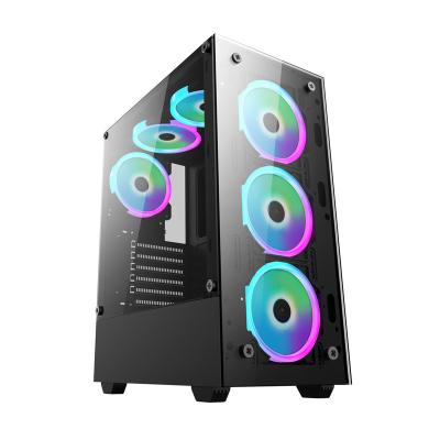 China RGB rainbow Glass panel fabrication branded sheet metal powertrain with power supply atx pc gaming computer case for sale