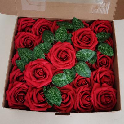 China Amazon Eco-friendly Selling 8cm Top Mounted Stem Flowers 25pcs/box And Leaves Color Dyed Foam Rose For DIY Wedding Valentine Rose Foam Box for sale