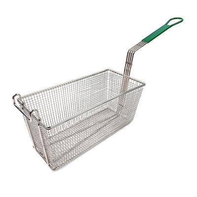 China Viable 304 Stainless Steel Mesh Deep Frying Basket Fries Basket Sieve Coated Handle Chip Fryer Basket for sale