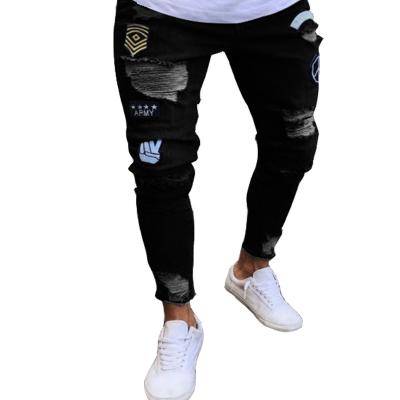 China Breathable Mens Vintage Ripped Printed Patch Jeans Pattern Skinny Biker Denim Pants Skinny Patchwork Hip Hop Check Jean Trousers for sale