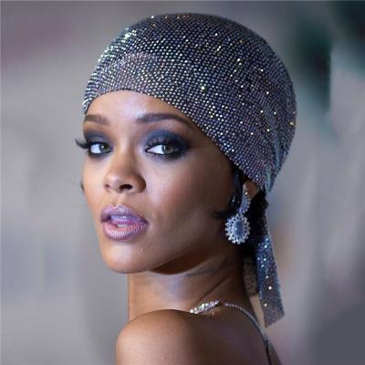 China Rihanna Bling Multifunctional Elastic Rhinestone Ladies Durag Headscarf Pirate Hat Mesh Turban Luxury Hat for sale