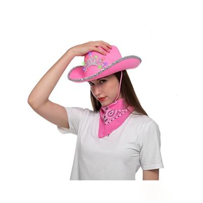 China High Quality LED Glitter Hats Diamonds Feather Wholesale Cowboy Hats With Light Crown Pink for sale