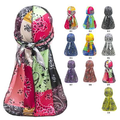 China Custom Printed Designer Durags Stretchable Smooth Silk Durags MOQ 2pcs Paisley Durag Tails Multifunctional Wide Dorags Headwear for sale