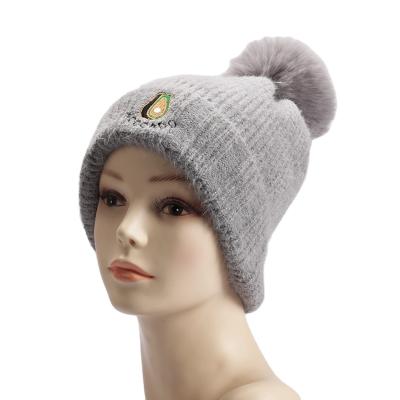 China New JOINT Avocado Embroidery Knit Outdoor Women's Winter Hats Pom Pom Fur Beanie Girls Hat for sale