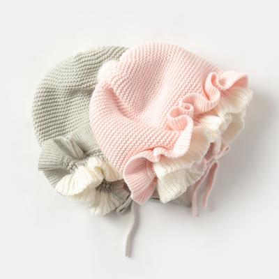 China JOINT Cute Color Matching Double Lace Girls Baby Kids Soft Princess Ruffled Cotton Knit Pom Beanies Hats for sale