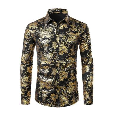 China Anti-pilling Luxury Paisley Floral Gold Print Shiny Shirts Mens Slim Long Sleeve Dress Shirt For Party Show Men Clothing for sale