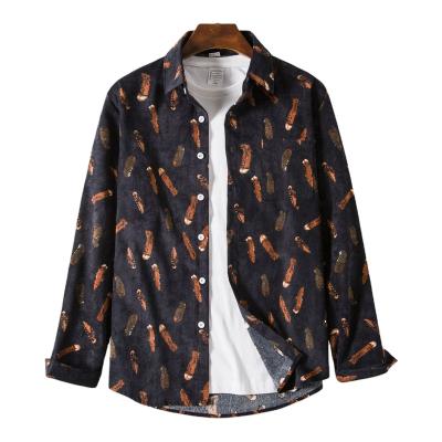 China 2022 Corduroy Shirt Feather Printing Men's Autumn Long Sleeve Casual Warm Anti-pilling Stylish Shirt for sale