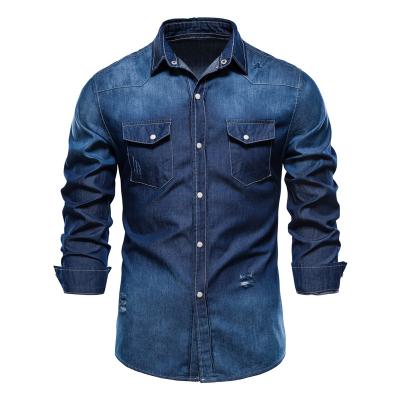 China Anti-pilling Denim Men's Casual Shirt Hole Contrast High Quality Long Sleeve Shirt for sale