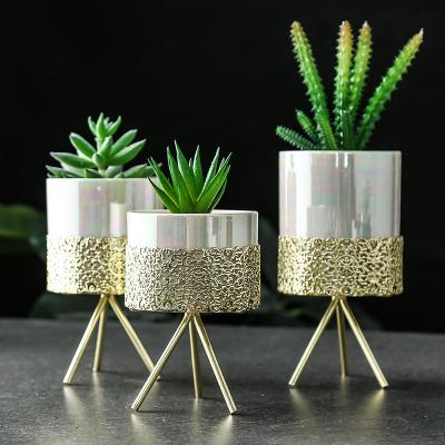 China Nordic Modern View Modern Gold Plated Succulents Art Iron Flower Pots Ceramic Hydroponic Planters Simple Vase Indoor Decor for sale