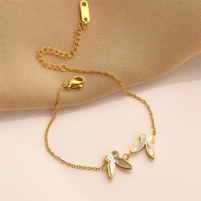 China 2022 New Vintage Design Gold Stainless Steel Butterfly Bracelet Hand Bracelet White Shell Butterfly Anklet Butterfly Charm Link Chain for sale