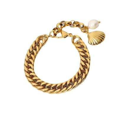 China Hot Sale Women Shell Charm Fashion Jewelry 10mm Stainless Steel Bead Bracelet Cuban Chain Fashion Bracelets Gold Plated for sale