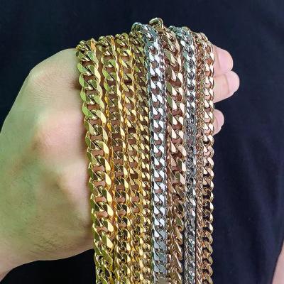 China Vintage 7mm 18k Yellow Gold Miami Cuban Link Chains Stainless Steel Silver Chain Men And Women Factory Wholesale PVD Plated for sale