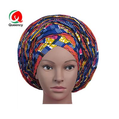 China Queency Popular Fashion African Headtie Wax Print Pleated Gele Auto Head Wrap Women Styles Headtie for sale